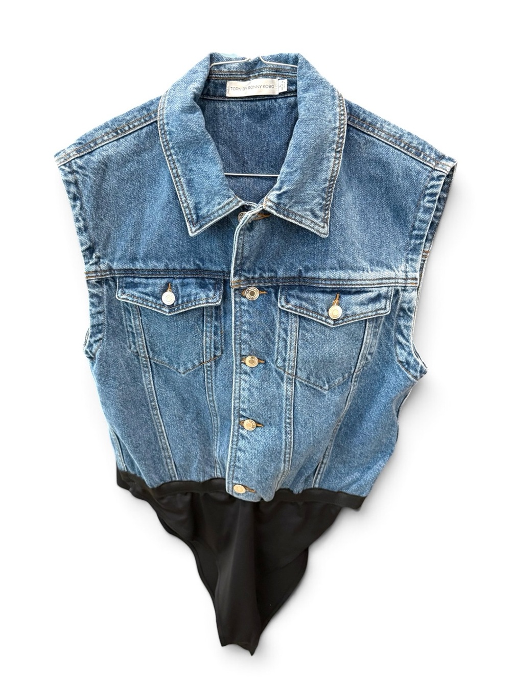 Torn by Ronny Kobo Blue Denim Button-Front Bodysuit Vest with Black Bottom